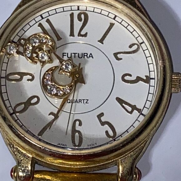 Futura Women's Gold Tone Floating Rhinestone Leather Band Quartz Watch OS - Picture 11 of 13